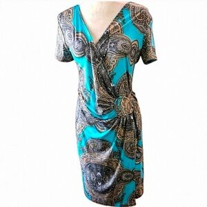 Turquoise, Tan, Black Paisly Faux Wrap Short Sleeve Midi V Neck L/XL